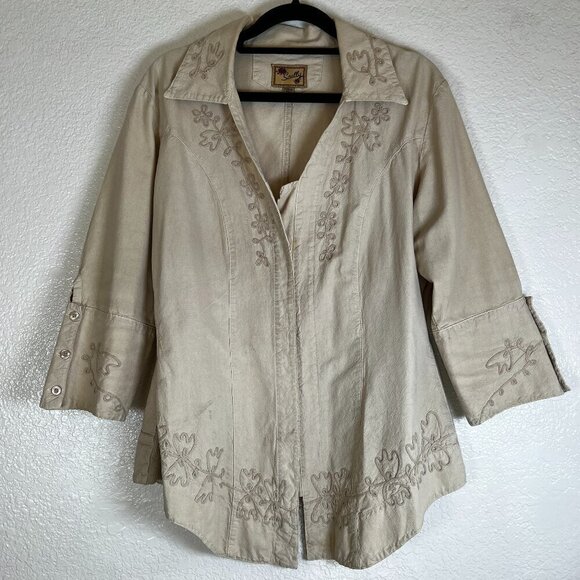 Scully Womens Beige Western Rodeo Fitted Long Sleeve Shirt Embroidered Size M - Picture 1 of 13